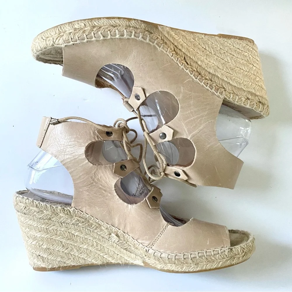 Anthropologie Carmen Saiz Leather Espadrille Wedge Sandals Strappy Gladiator Tan